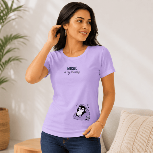 Music Lover Penguin Print T-Shirt – Lavender