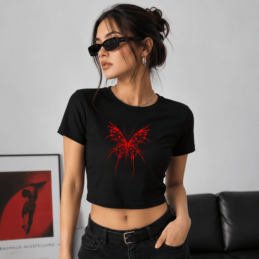 Crimson Butterfly Baby Tee for Women