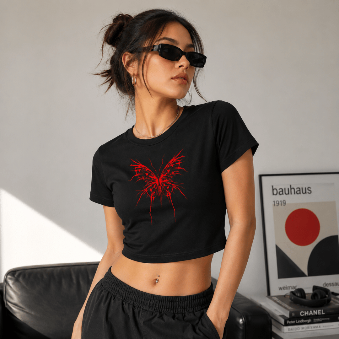 Crimson Butterfly Baby Tee for Women