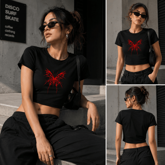 Crimson Butterfly Baby Tee for Women