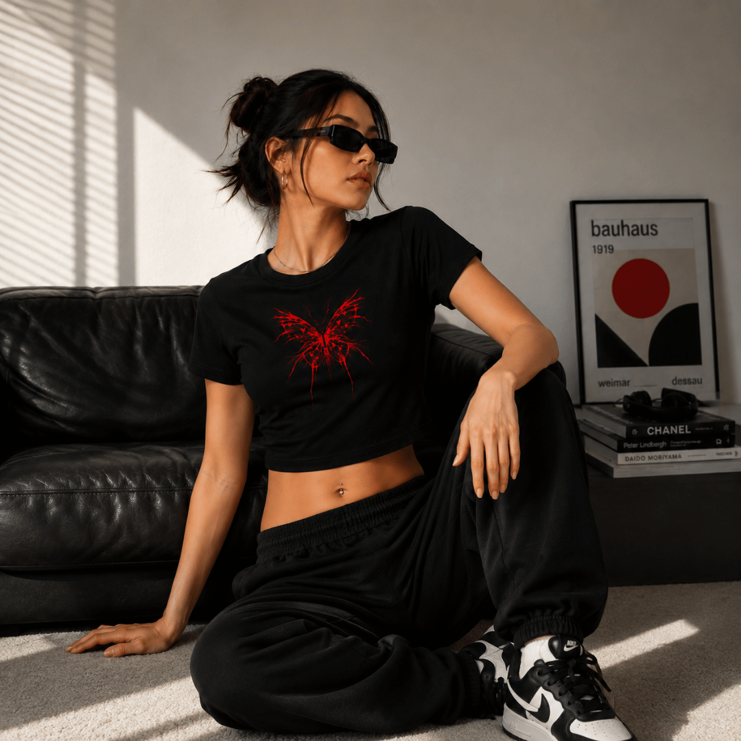 Crimson Butterfly Baby Tee for Women