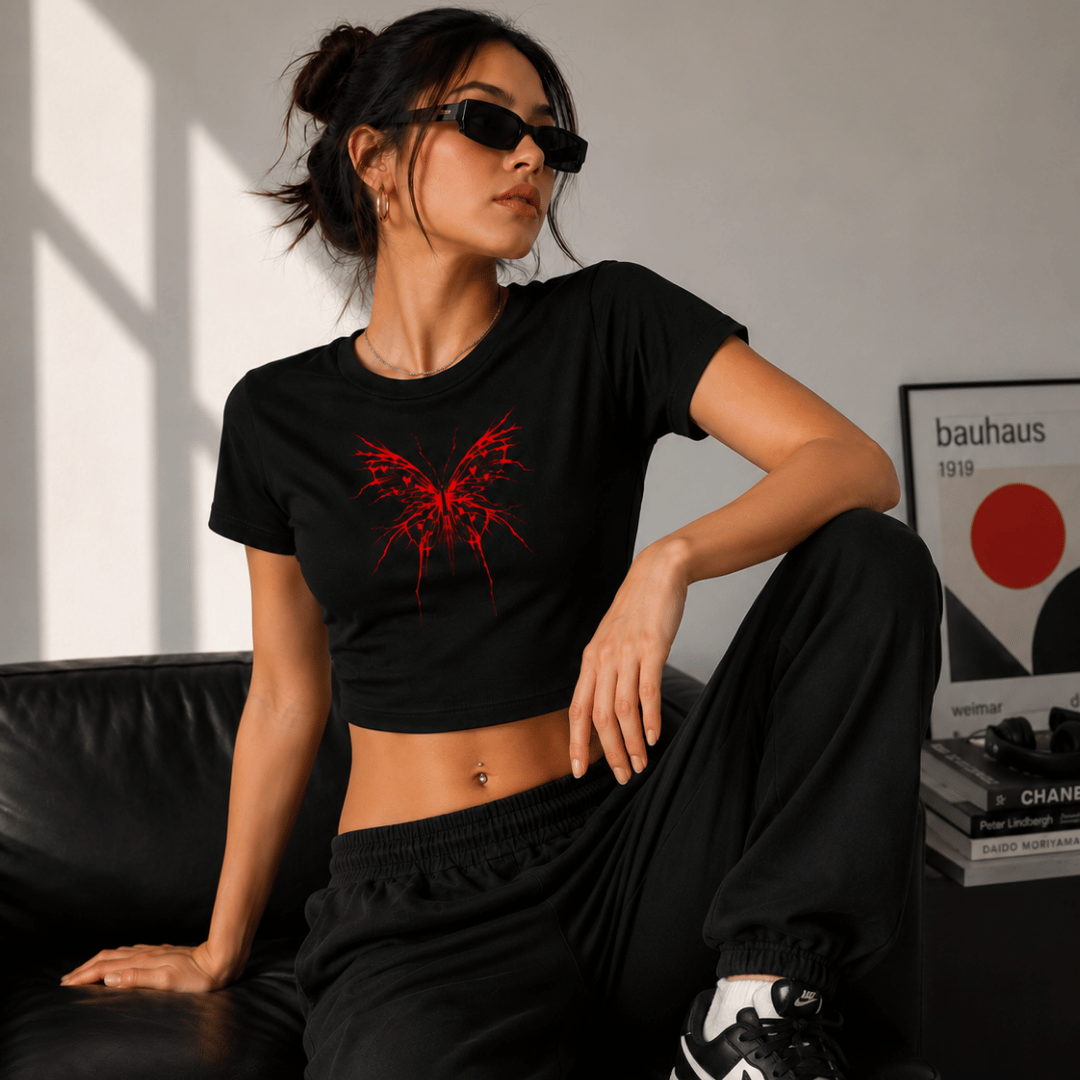 Crimson Butterfly Baby Tee for Women