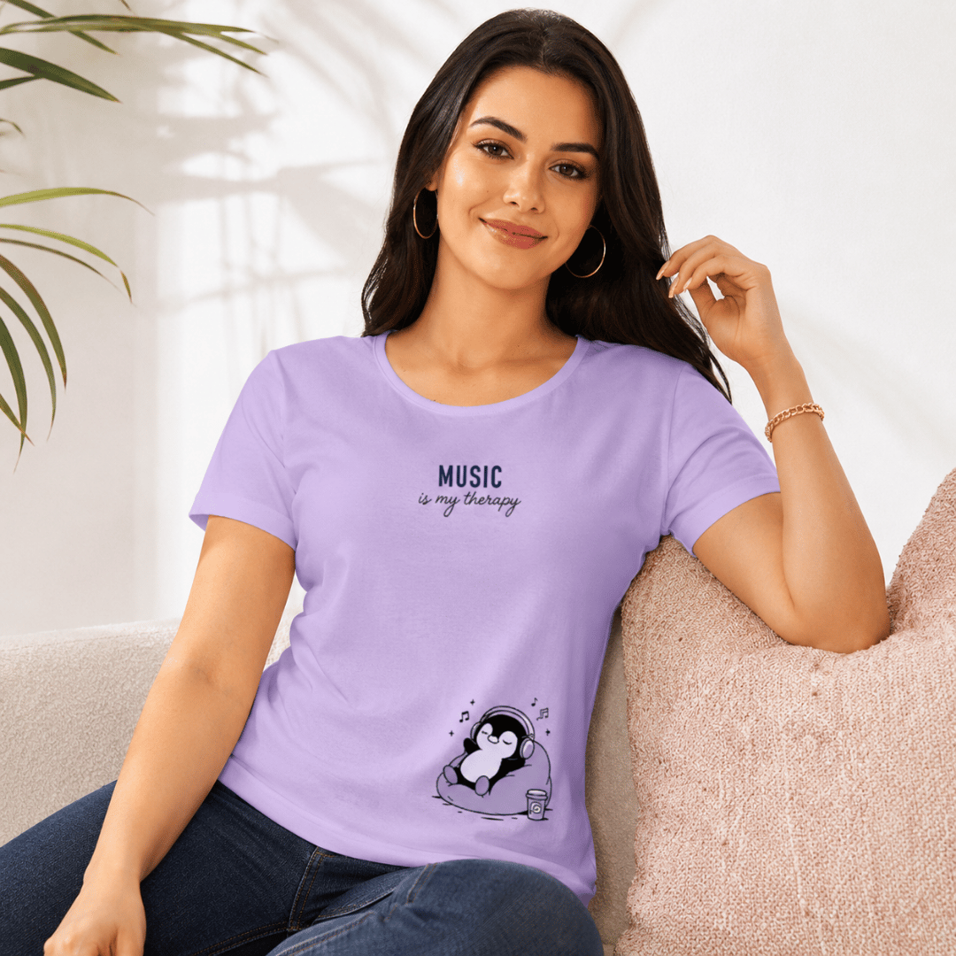 Music Lover Penguin Print T-Shirt – Lavender