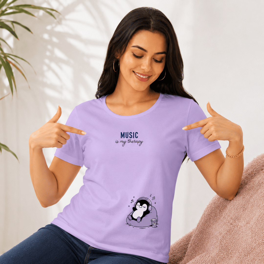 Music Lover Penguin Print T-Shirt – Lavender