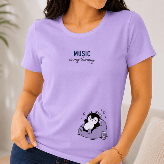 Music Lover Penguin Print T-Shirt – Lavender