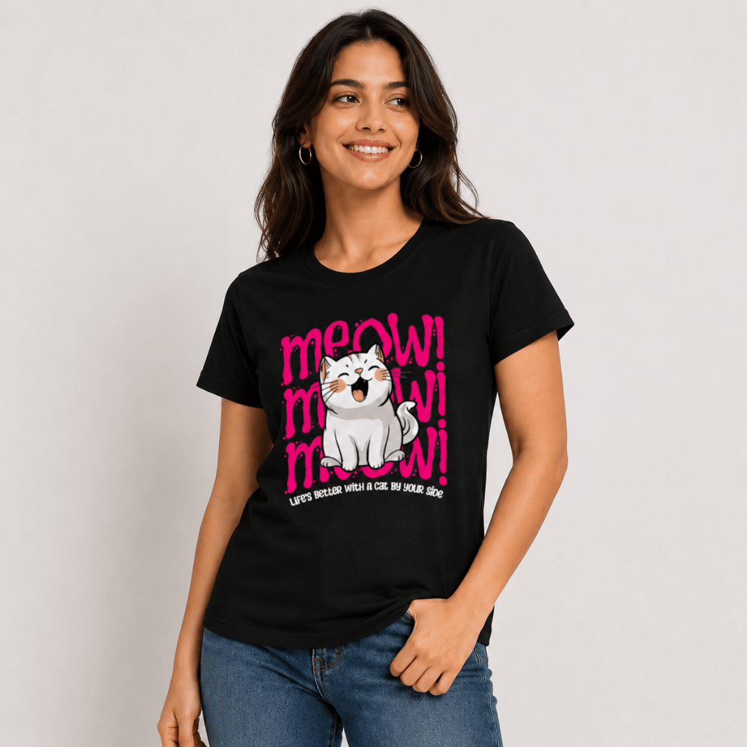 Meow Cat Print T-Shirt for Women