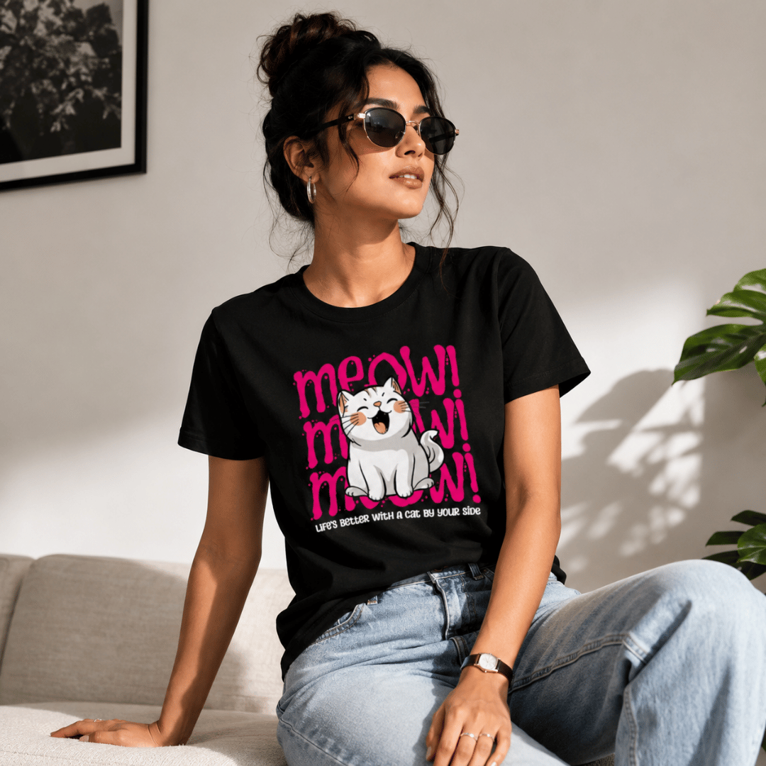 Meow Cat Print T-Shirt for Women