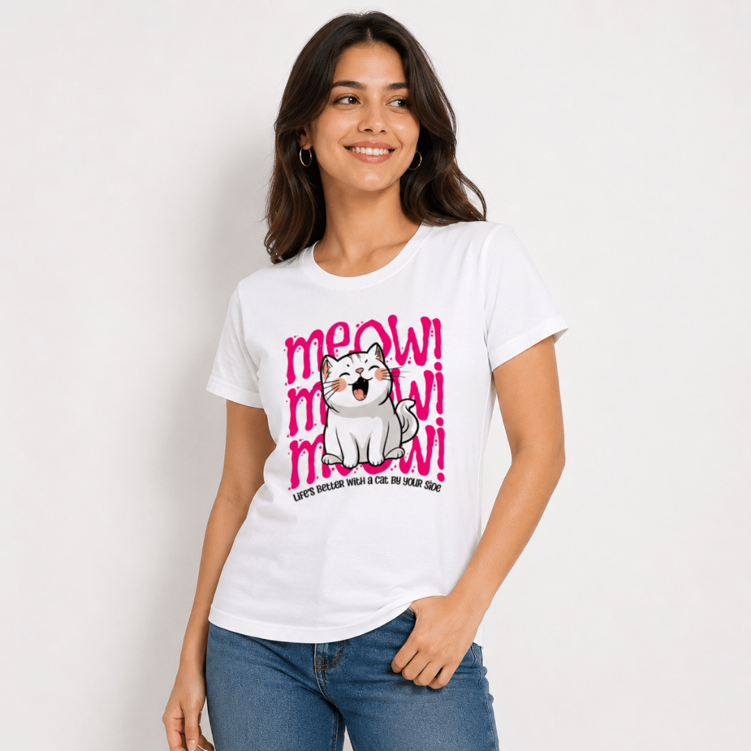 Meow Cat Print T-Shirt for Women
