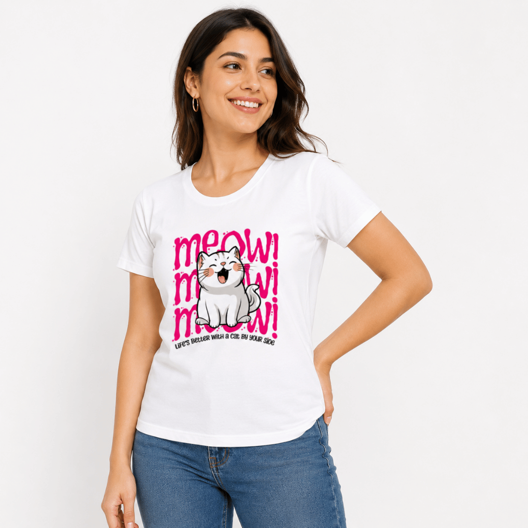 Meow Cat Print T-Shirt for Women