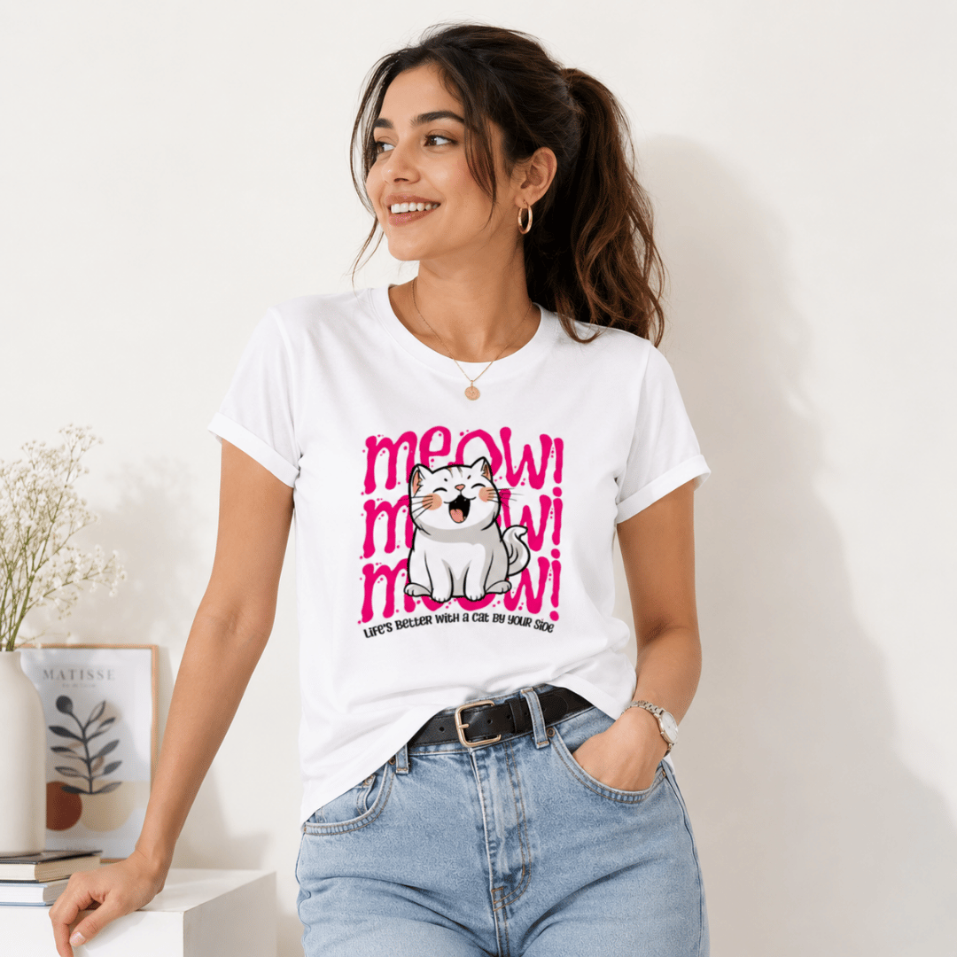 Meow Cat Print T-Shirt for Women