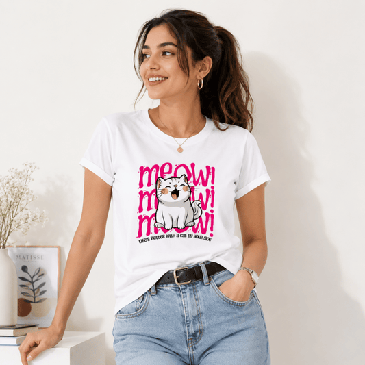 Meow Cat Print T-Shirt for Women